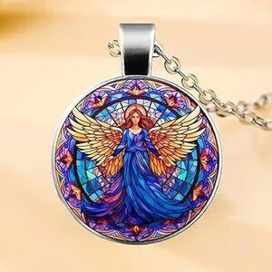 Silver BLUE ANGEL Glass Cabochon Pendant Necklace